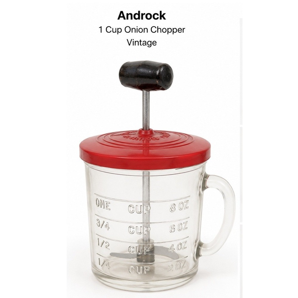 Vintage Androck Onion Nut Chopper 1 Cup Glass Measuring Jar Red Lid Wood Handle